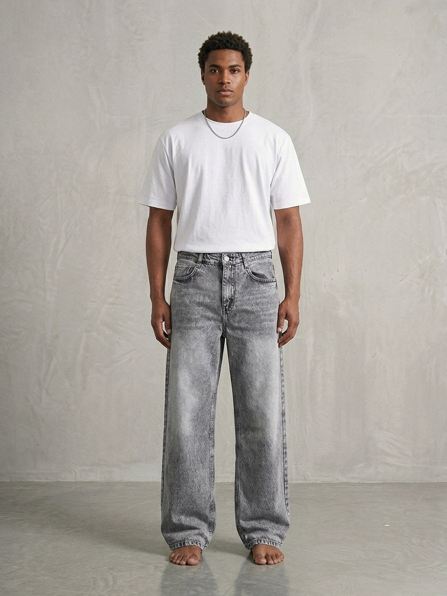 Men's Washed Grey Wide Leg Baggy Jeans