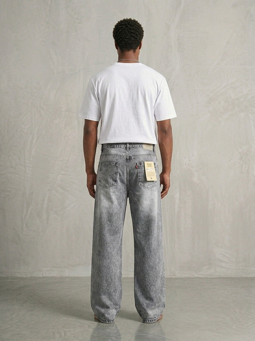 Men's Washed Grey Wide Leg Baggy Jeans