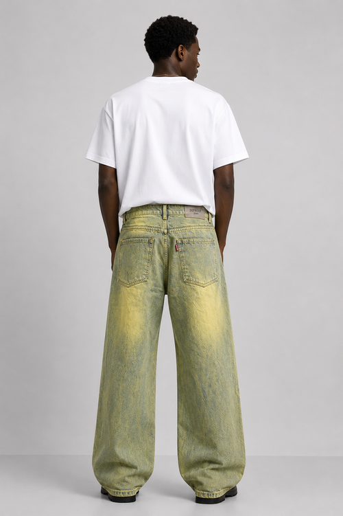 Men's Olive Green Wide Leg Washed Jeans | Vintage Fade Baggy Denim Pants | DEFROST