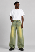 Men's Olive Green Wide Leg Washed Jeans | Vintage Fade Baggy Denim Pants | DEFROST