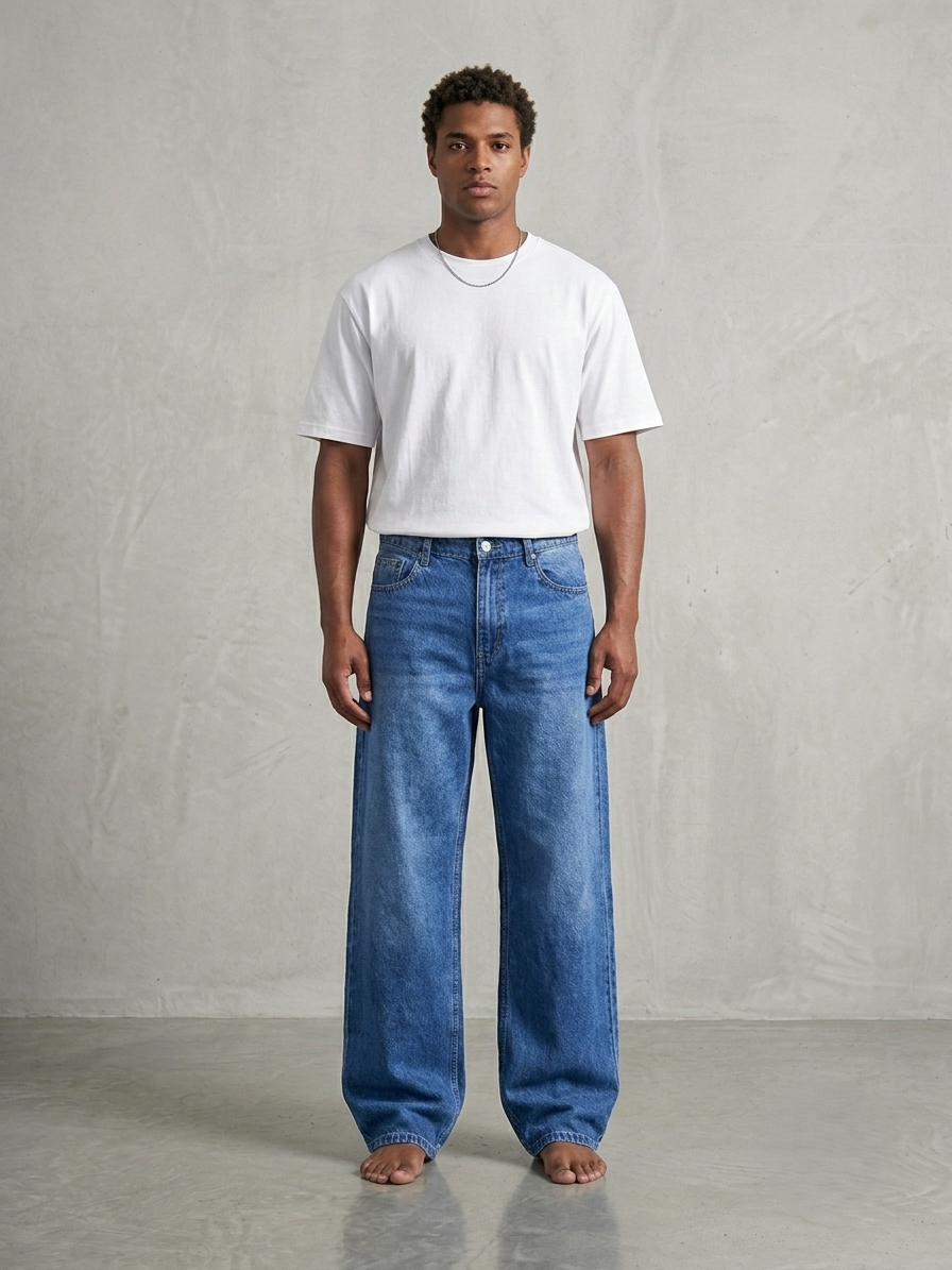 Men's Mid Blue Wide Leg Baggy Jeans
