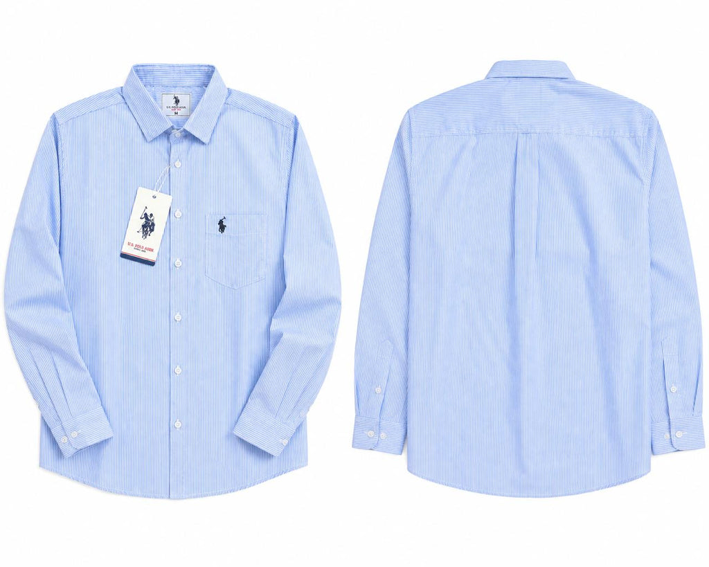 Blue striped shirt front and back view