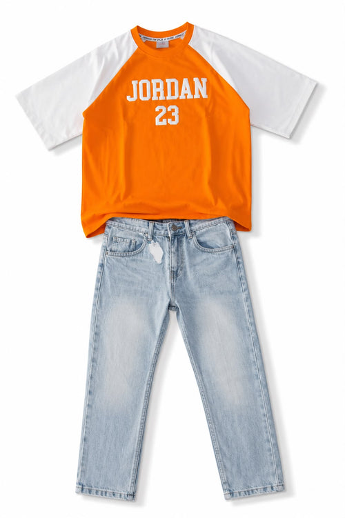 Orange Jordan 23 raglan tee with light blue baggy jeans