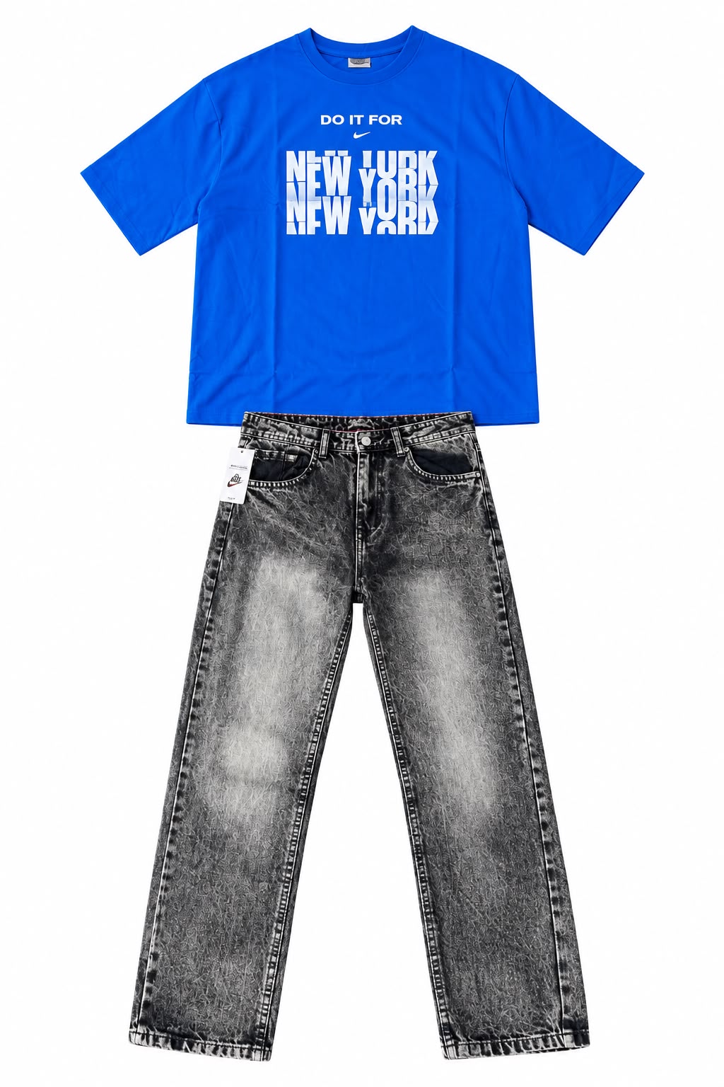 Blue Nike New York tee with dark wash baggy jeans