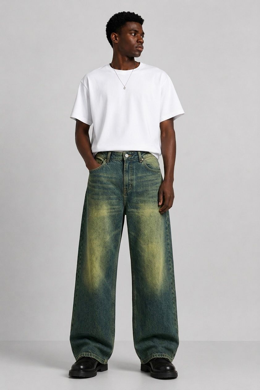 Men’s Vintage Acid Washed Wide Leg Jeans | Baggy Relaxed Fit Denim