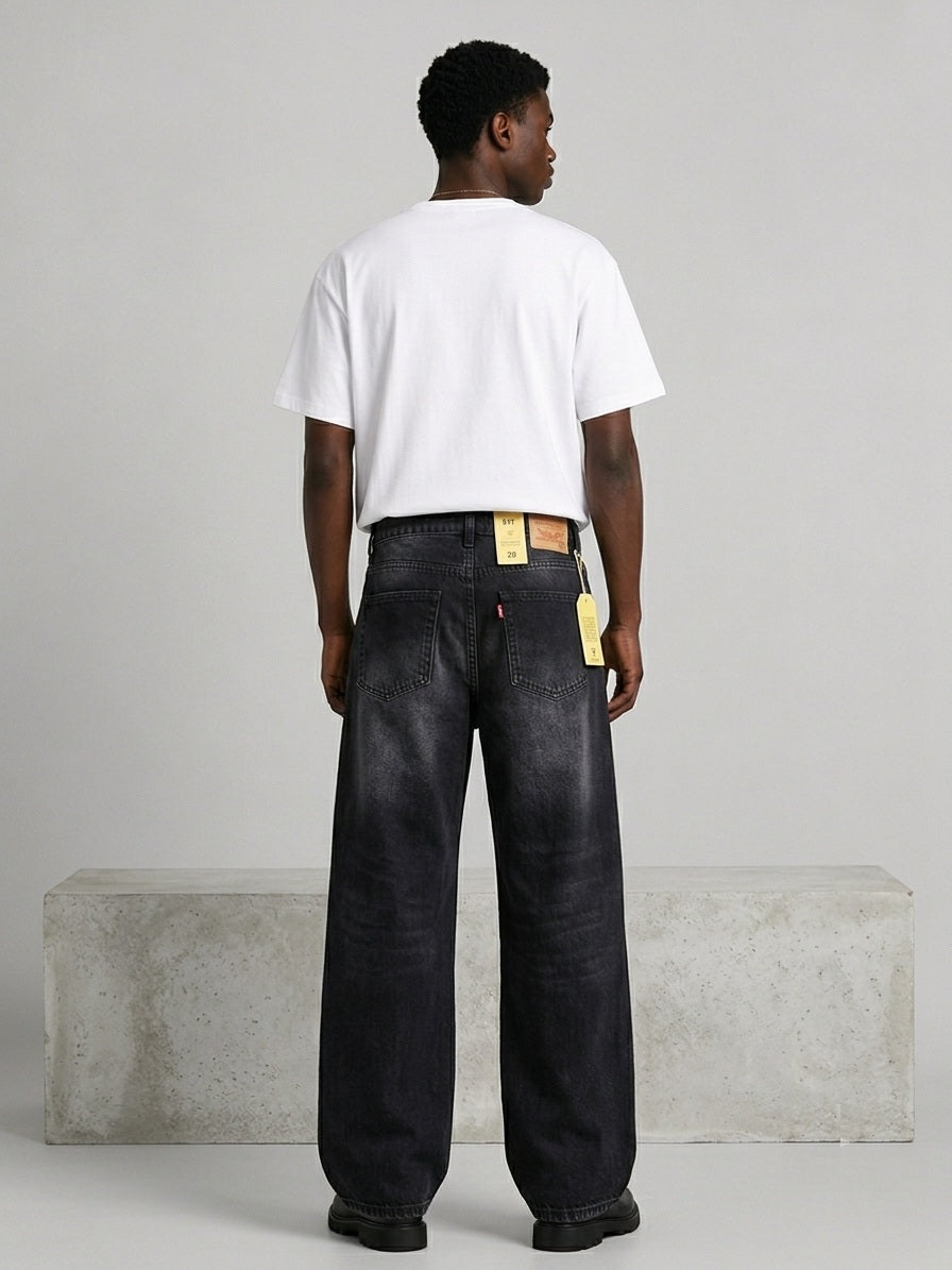 Men's Washed Black Wide Leg Baggy Jeans – Relaxed Fit Vintage Denim