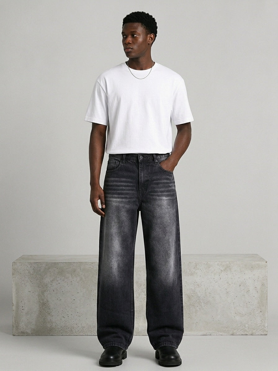 Men's Washed Black Wide Leg Baggy Jeans – Relaxed Fit Vintage Denim